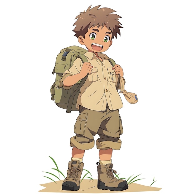 Explorer 10 Year Old Boy in a Safari Shirt Cargo Pants and H Creative Fashion Chibi Character