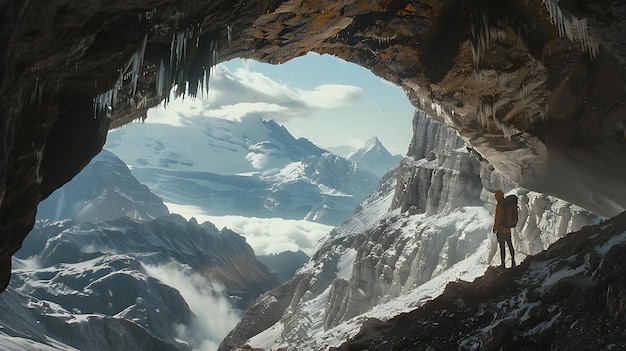 Explorer Gazing at Majestic SnowCapped Mountains from a Cave