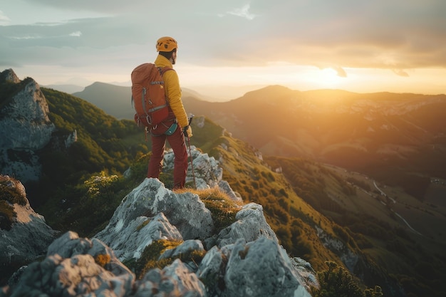 Explorer on mountain peak against breathtaking sunrise