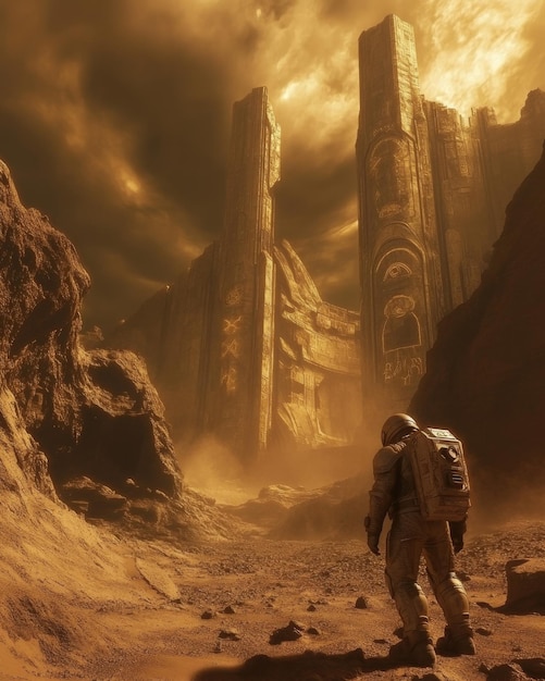 Explorer in a spacesuit uncovers ancient alien ruins on a mysterious distant planet