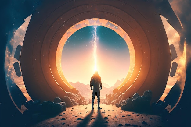 Explorer standing in front of giant portal to another dimension