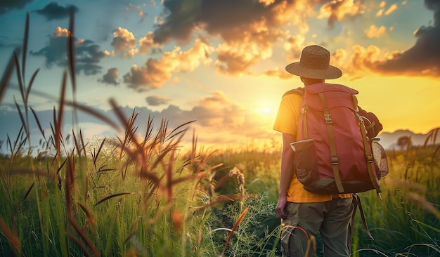 Explorer at sunset walking through a serene meadow