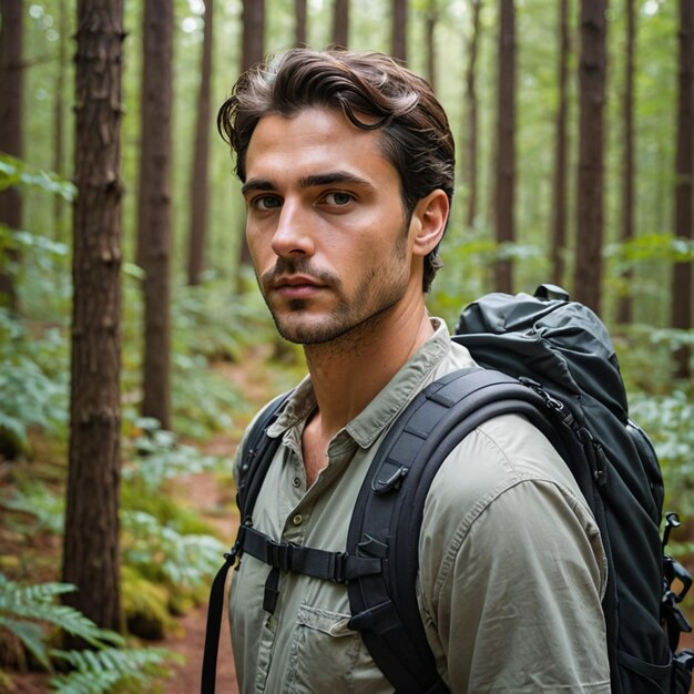 Photo explorer in the wilderness futuristic man trekking through forest