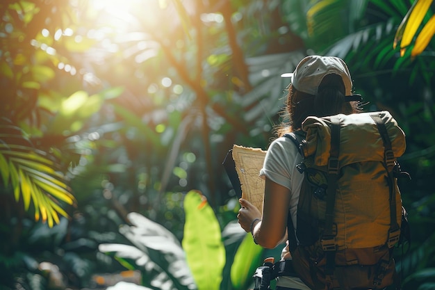 Explorer Woman in Jungle with Backpack and Map Navigating Adventure