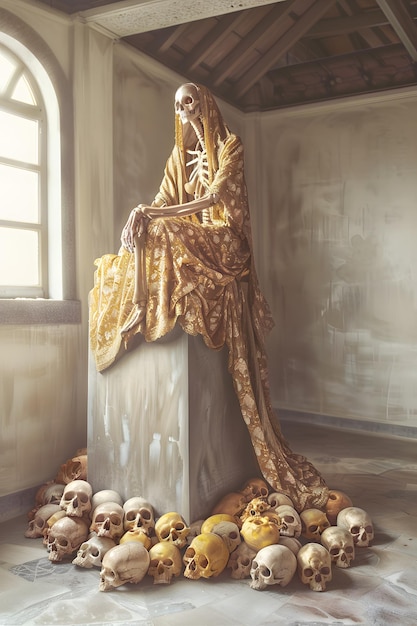 Exploring an abandoned room find a skeleton wrapped in golden fabric a haunting and macabre