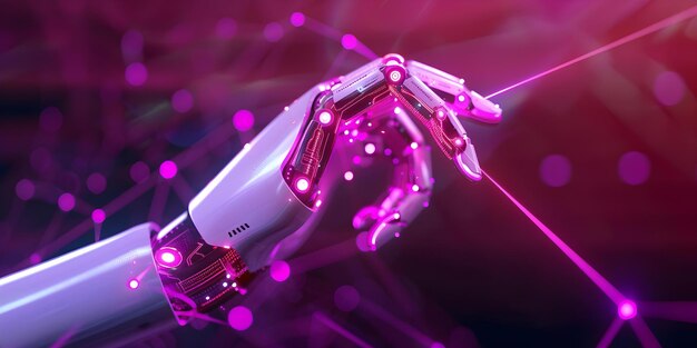 Photo exploring ai innovation robot hands interacting with network data in purple tones concept ai technology innovation robotics data visualization color trends