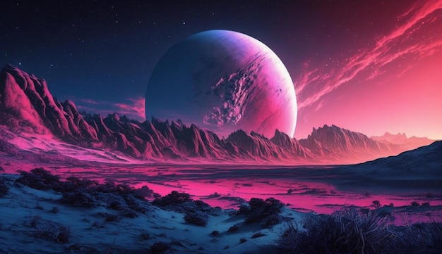 Exploring an Alien Landscape A Pink Planet with Massive Moon on the Horizon