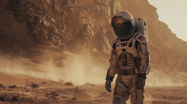 Exploring Alien Terrain with Advanced Exosuit Astronaut Navigates Rocky Cliffs and Dust Storms in Fi