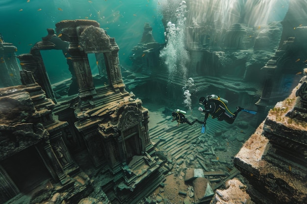 Photo exploring ancient underwater ruins with divers among coral formations at dusk