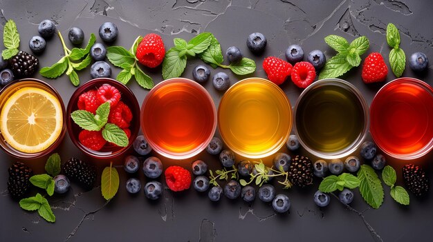 Photo exploring antioxidants through colorful fruit drinks surrounded by fresh berries and herbs in a stylish arrangement