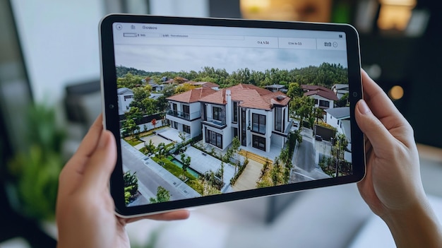 Photo exploring architectural design on a tablet while surrounded by modern interior decor and greenery in