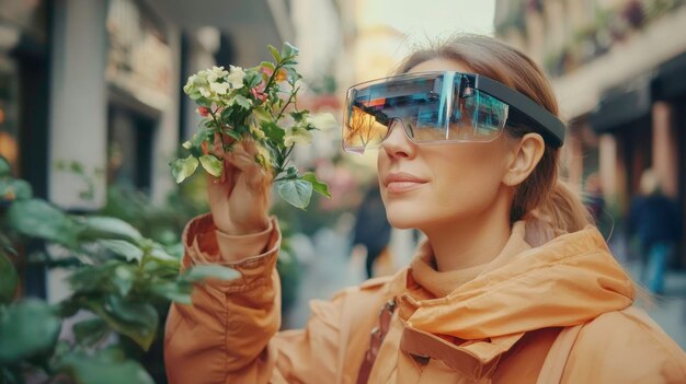 Photo exploring augmented reality as a woman interacts with flowers in a vibrant urban setting