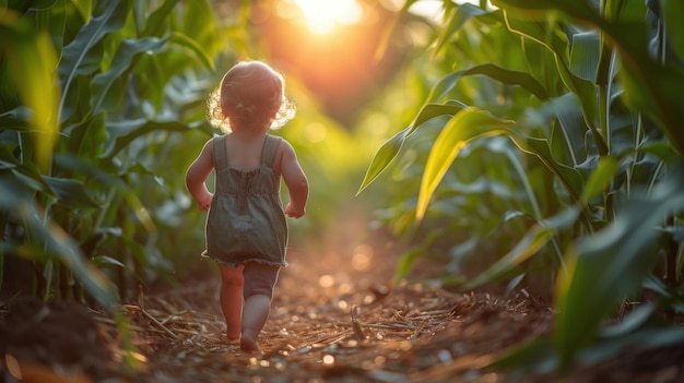 Exploring the Corn Maze Joyful Child Running on a Sunny Day