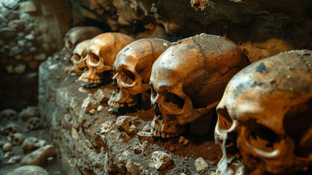 Photo exploring a crypt with human skulls offers a haunting experience revealing a macabre glimpse into