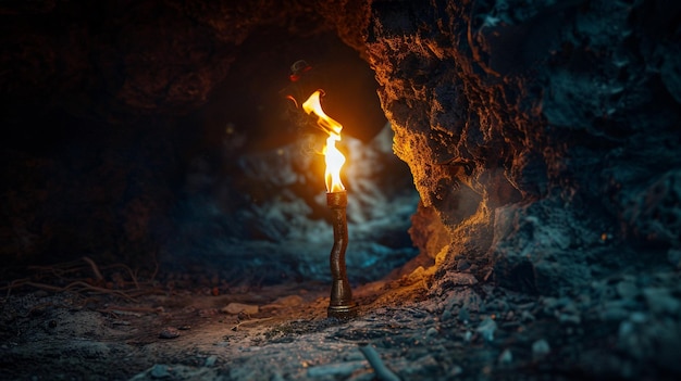 Exploring a Dark Cave with a Burning Torch Adventure Scene Illustration