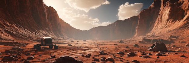 Exploring an expansive Martian canyon with red cliffs and dried riverbeds at sunset