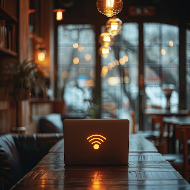 Photo exploring the flexibility of wireless communication laptop use in coffee shops with public wifi