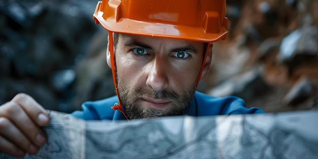 Exploring Geological Maps A Geologist in an Orange Helmet Demonstrates Curiosity and Expertise Concept Geologist Geological Maps Orange Helmet Curiosity Expertise