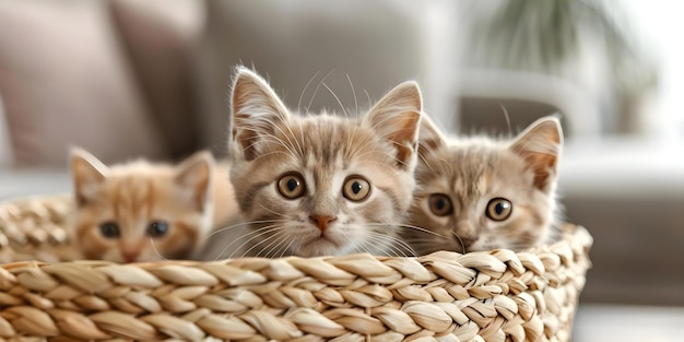 Photo exploring kittens peering into a woven basket in a welllit indoor area concept kittens indoor woven basket welllit area exploration