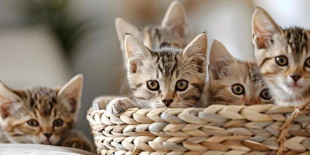 Photo exploring kittens peering into a woven basket in a welllit indoor area concept kittens indoor woven basket welllit area exploration