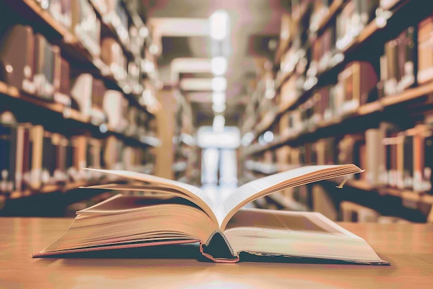 Exploring knowledge Old library scene with open book and academic papers