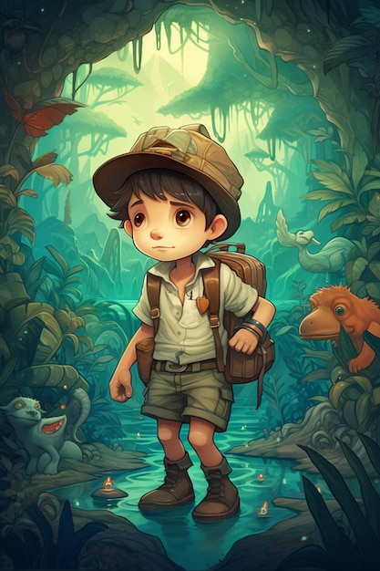 Exploring a Magical Jungle with Fantastic Creatures A Young Boy as Tropical Adventurer