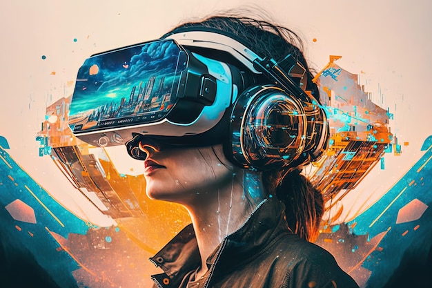 Exploring the Metaverse VR Headset in a Futuristic Virtual World Technology Generative AI