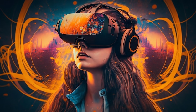 Exploring Metaverse a Young Woman Uses a VR Headset to Navigate a Virtual World Generative ai