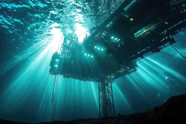 Photo exploring the mysteries beneath an underwater perspective of an oil rig bathed in ethereal sunlight and deep blue waters