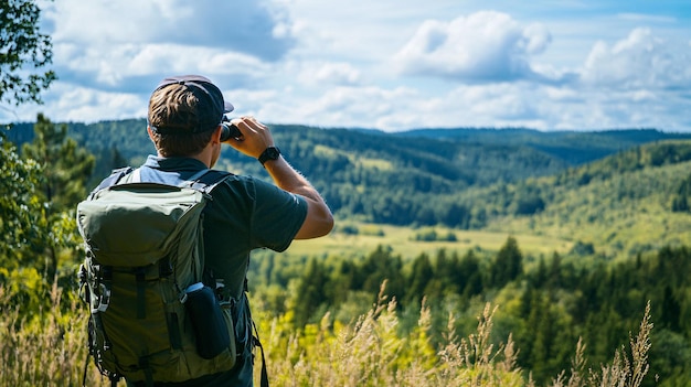 Photo exploring national parks activity in summer closeup of a nature enthusiast using binoculars