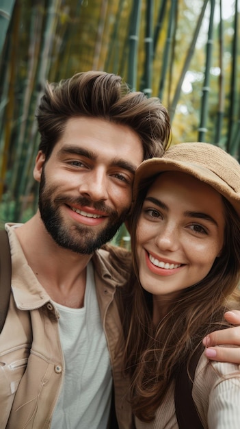 Exploring Nature A Happy Couple Enjoying a Day Out Together in a Serene Bamboo Forest Smiling and