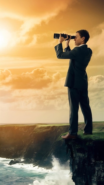 Photo exploring new horizons businessman gazing beyond with binoculars