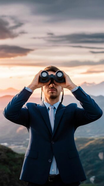 Photo exploring new horizons businessman gazing beyond with binoculars