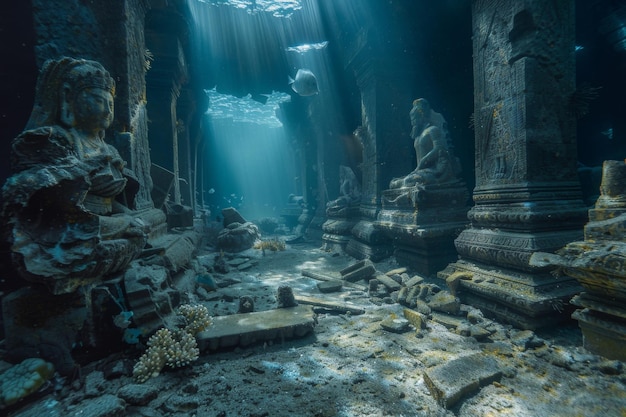 Photo exploring the sunken temple of ancient sculptures in the serene depths of the ocean