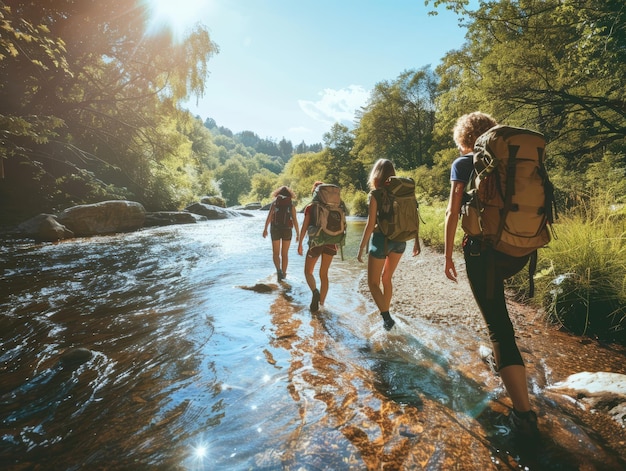 Photo exploring a sunlit river trail with friends backpacking adventure in nature ai generative