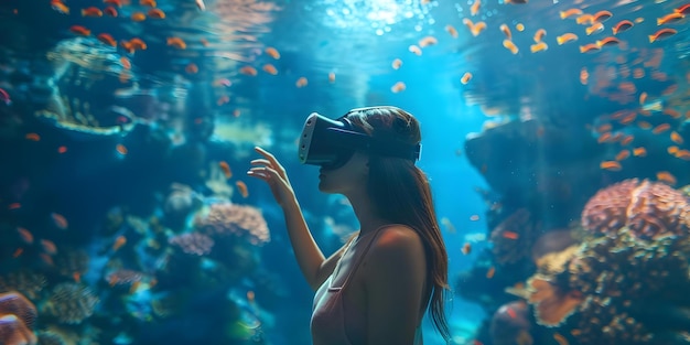 Exploring the underwater world in a dreamlike setting A woman in a VR headset Concept Underwater Exploration Dreamlike Setting Virtual Reality Woman in VR Headset