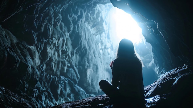 Exploring the Unknown Brave Woman in Deep Cave Reaching for the Light