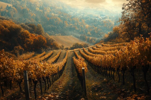 Photo exploring the vibrant autumn vineyard landscape under a golden sky at dusk