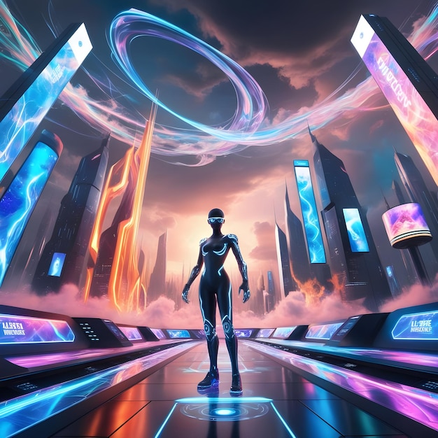 Exploring virtual reality mockup amidst futuristic cityscape neon lights on vibrant