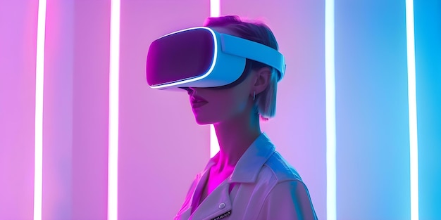 Exploring a Virtual World A Woman in Neon Lights Wearing a VR Headset Concept Virtual Reality Neon Lights Technology Futuristic Woman Portrait