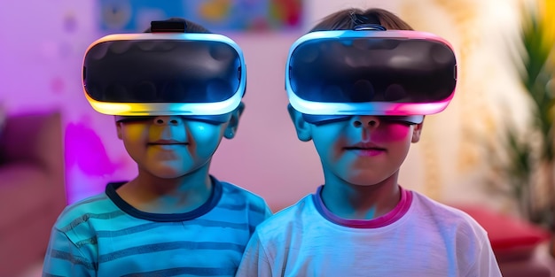 Photo exploring virtual worlds and playing games multicultural kids with vr goggles concept virtual reality gaming multicultural children vr goggles virtual worlds exploration gaming experience