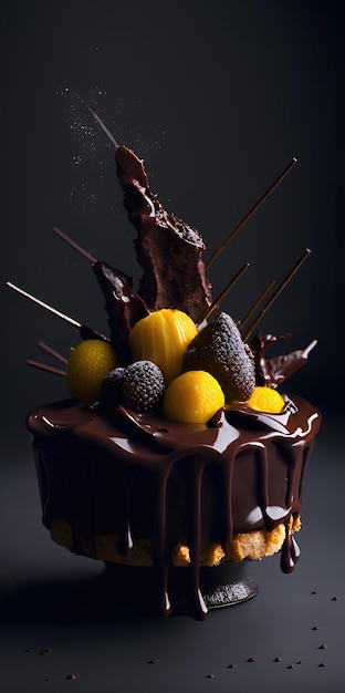 An explosion of chocolate fluid dessert combined with fruits ai generative