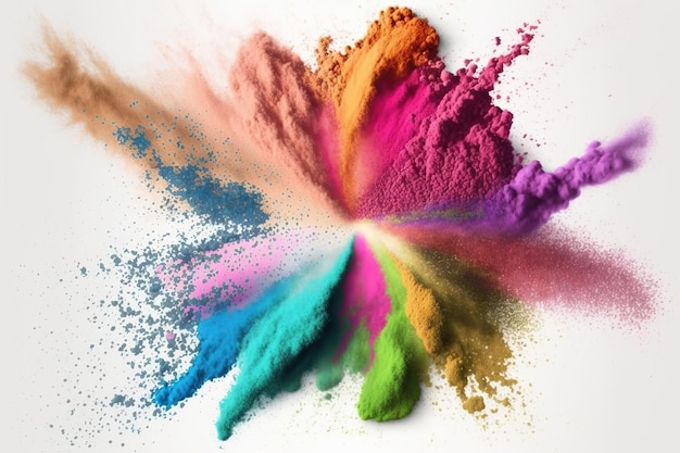 Explosion of color Holi powder on white background