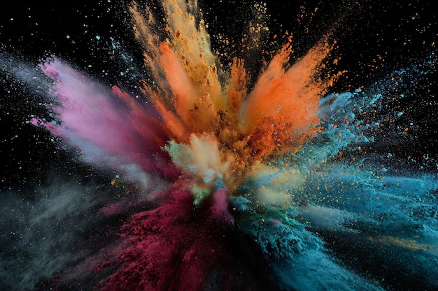 Explosion of colored powder isolated on black background Abstract colored background