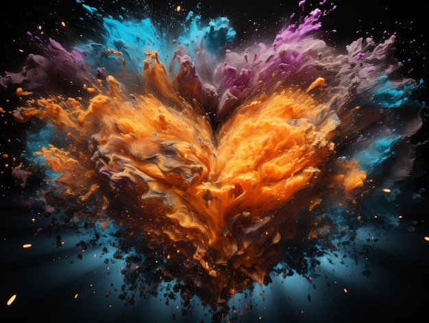 Explosion of colored powder in the shape of a heart on a dark background