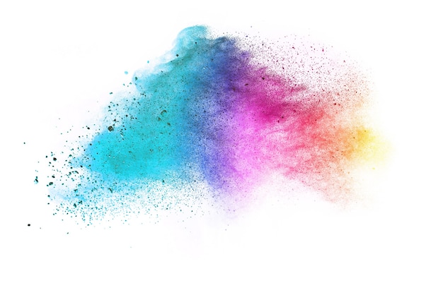 Explosion of colored powder on white background.