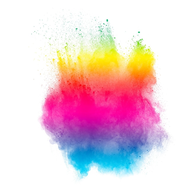 Explosion of colorful pigment powder on white backgroundVibrant color dust particles textured.