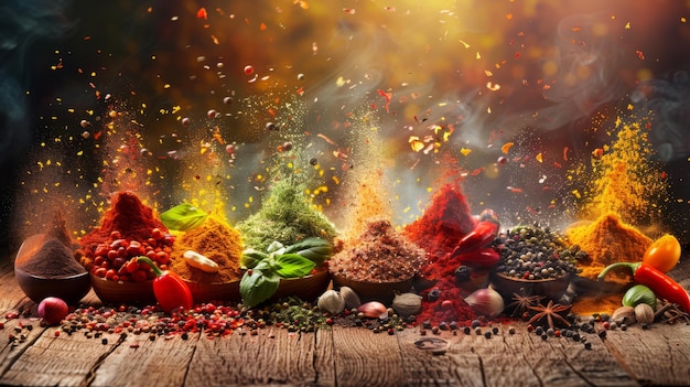 An explosion of colorful spices creating a vibrant cloud over a wooden table