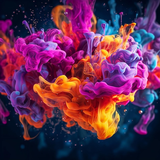 Explosion of colorful water and ink texture into a colorful cloud floating