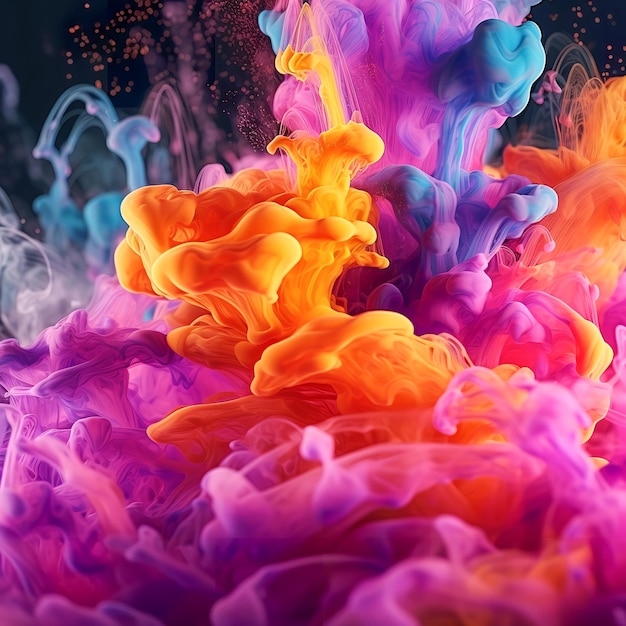 Explosion of colorful water and ink texture into a colorful cloud floating